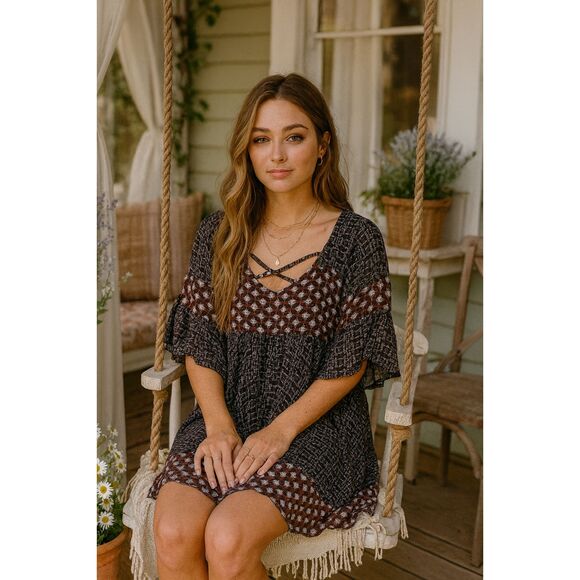 Umgee Tunic Dress M Blue Multi Print Flutter Sleeve Boho Chic Cottagecore Casual - Picture 1 of 6